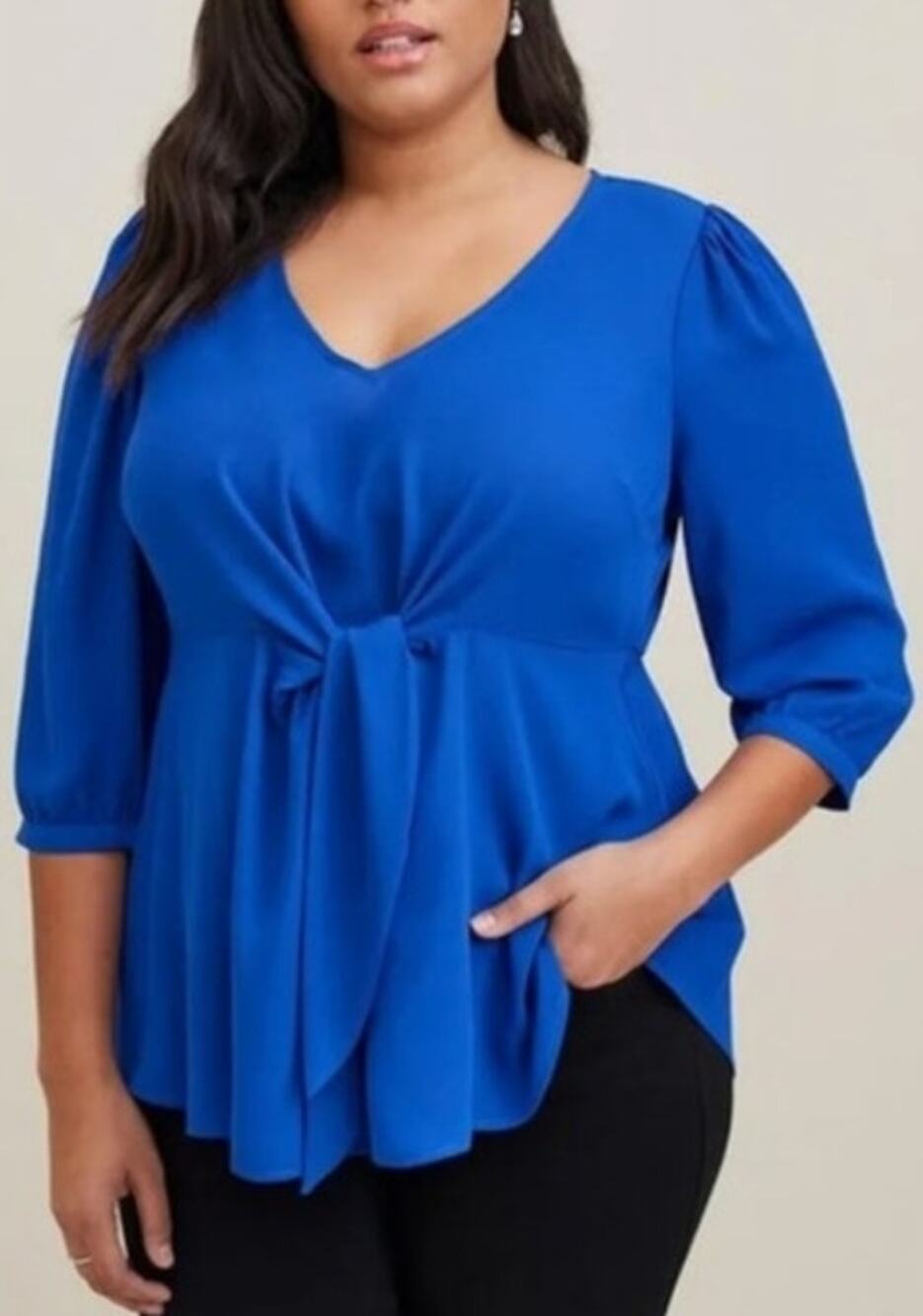 Torrid georgette tie-front blue blouse with 3/4 puffed sleeves Plus Size 0